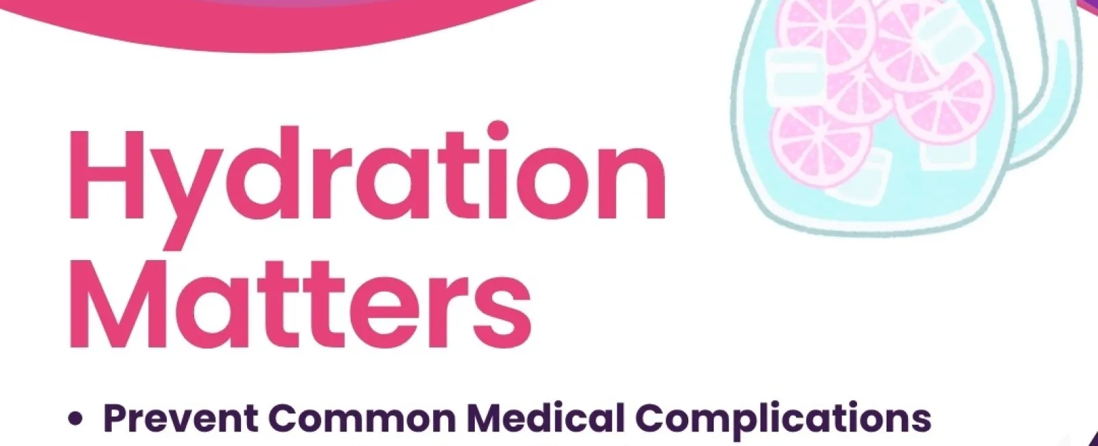 Hydration Matters text with benefits and a pitcher of lemon water, emphasizing health and recovery support.