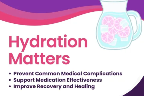 Hydration Matters poster highlighting benefits like preventing complications, supporting medication, and improving healing.