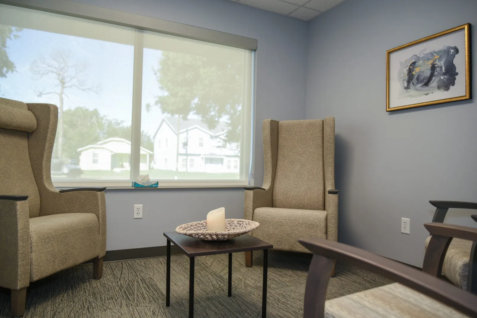 a living room with a large window