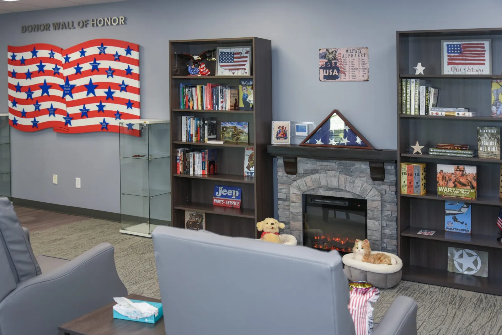 a living room with a fireplace
