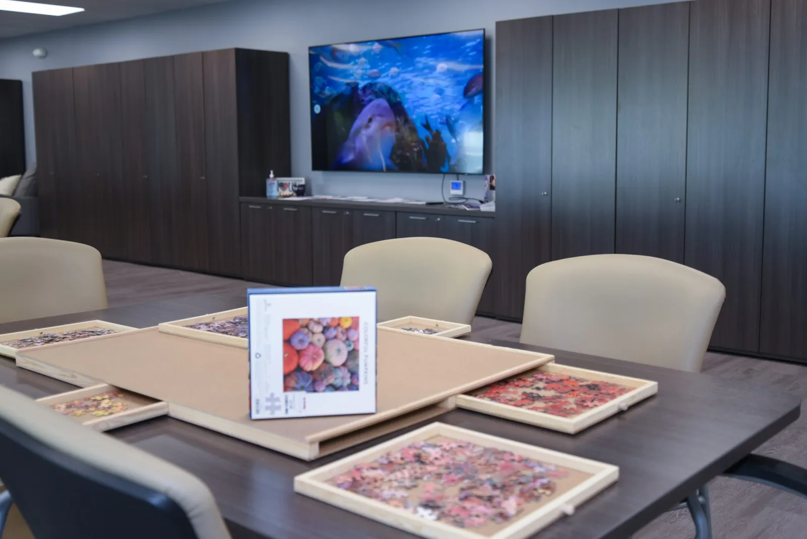a room with a table and chairs and a tv