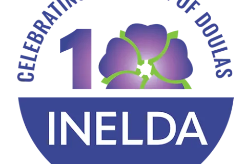 INELDA logo celebrating a decade of doulas with number 10 and purple floral design.