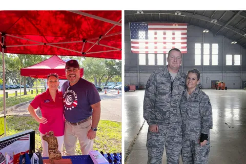 Two veterans at an outdoor booth with flags and a wooden sculpture; two servicemembers in uniform inside a hangar with an American flag.