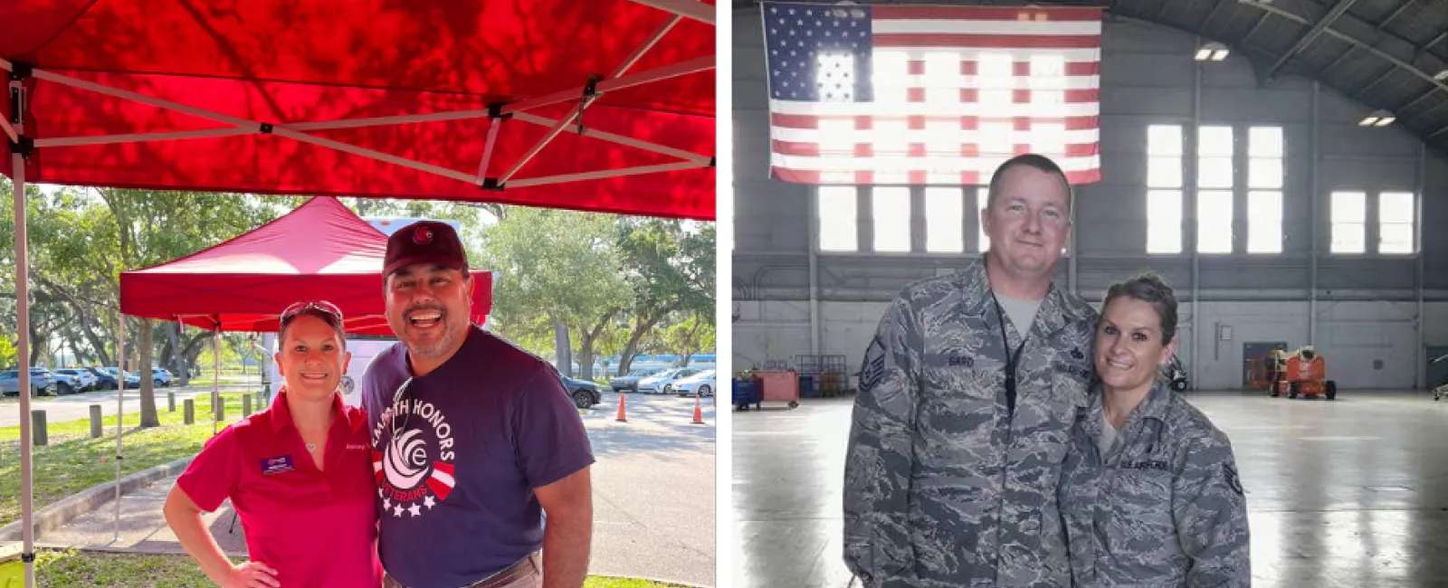 Two veterans at an outdoor booth with flags and a wooden sculpture; two servicemembers in uniform inside a hangar with an American flag.